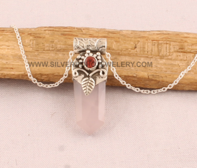 Natural Rose Quartz &amp; Garnet Pendant Necklace - Solid 925 Sterling Silver Engraved Necklace - Designer Carved Silver Leaf Necklace For Her