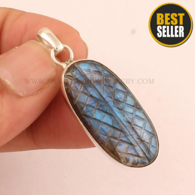 Long Stone Mughal Carving Labradorite Gemstone Pendant - 925 Sterling Silver Oval Necklace Pendant - Labradorite Hand Carved Stone Pendant
