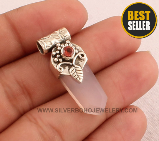 Natural Rose Quartz &amp; Garnet Pendant Necklace - Solid 925 Sterling Silver Engraved Necklace - Designer Carved Silver Leaf Necklace For Her