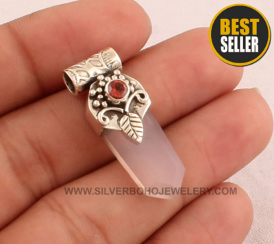 Natural Rose Quartz &amp; Garnet Pendant Necklace - Solid 925 Sterling Silver Engraved Necklace - Designer Carved Silver Leaf Necklace For Her