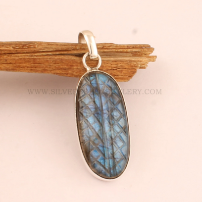 Long Stone Mughal Carving Labradorite Gemstone Pendant - 925 Sterling Silver Oval Necklace Pendant - Labradorite Hand Carved Stone Pendant