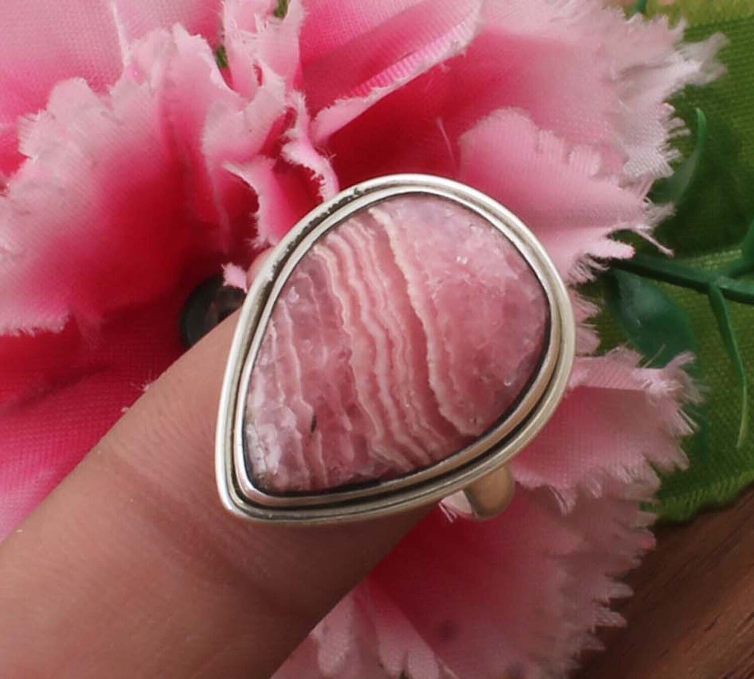 Amazing Solid Natural Rhodochrosite 925 Sterling Silver Ring / Simple Ring / Engagement Pair Shape Ring - Handmade Ring / For Weddings Anniversary Gifts Her