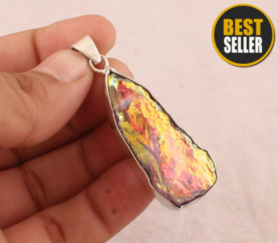 Raw Aura Rainbow Crystal Quartz Silver Pendant - 925 Sterling Solid Silver Pendant - Rough Gemstone Necklace Pendant - Women's Jewelry Gift