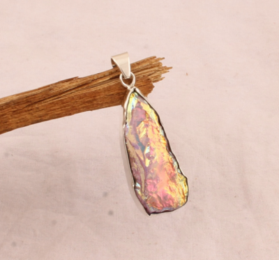 Raw Aura Rainbow Crystal Quartz Silver Pendant - 925 Sterling Solid Silver Pendant - Rough Gemstone Necklace Pendant - Women's Jewelry Gift