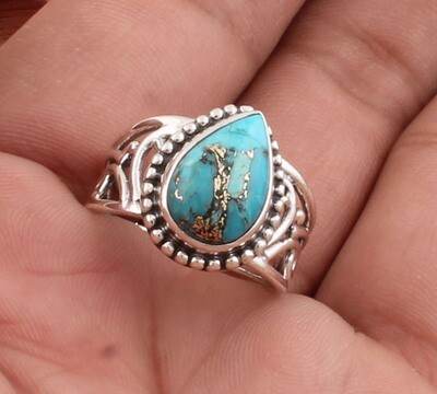 Amazing Blue Copper Turquoise Pair Gemstone Solid 925 Sterling Silver Ring For Women - Handmade Silver Designer Ring / For Wedding Anniversary Gifts Her- Blue Stone Ring