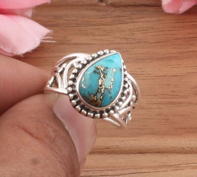 Amazing Blue Copper Turquoise Pair Gemstone Solid 925 Sterling Silver Ring For Women - Handmade Silver Designer Ring / For Wedding Anniversary Gifts Her- Blue Stone Ring