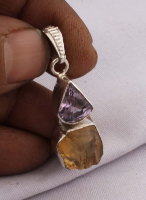 Raw Citrine+Cut Amethyst Stone Top Quality Pendant Dual Stone Pendant 925 Sterling Silver