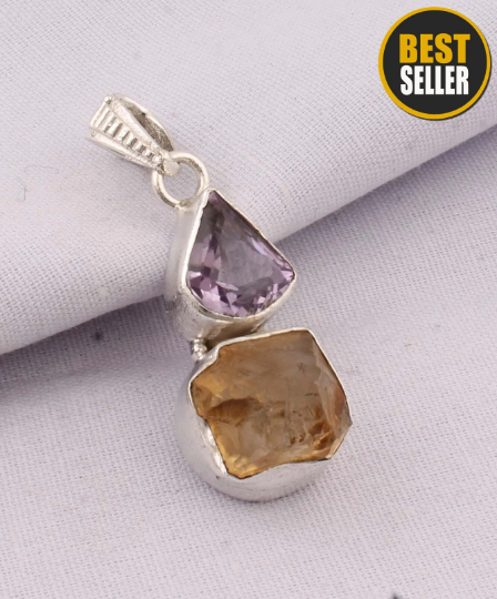 Raw Citrine+Cut Amethyst Stone Top Quality Pendant Dual Stone Pendant 925 Sterling Silver