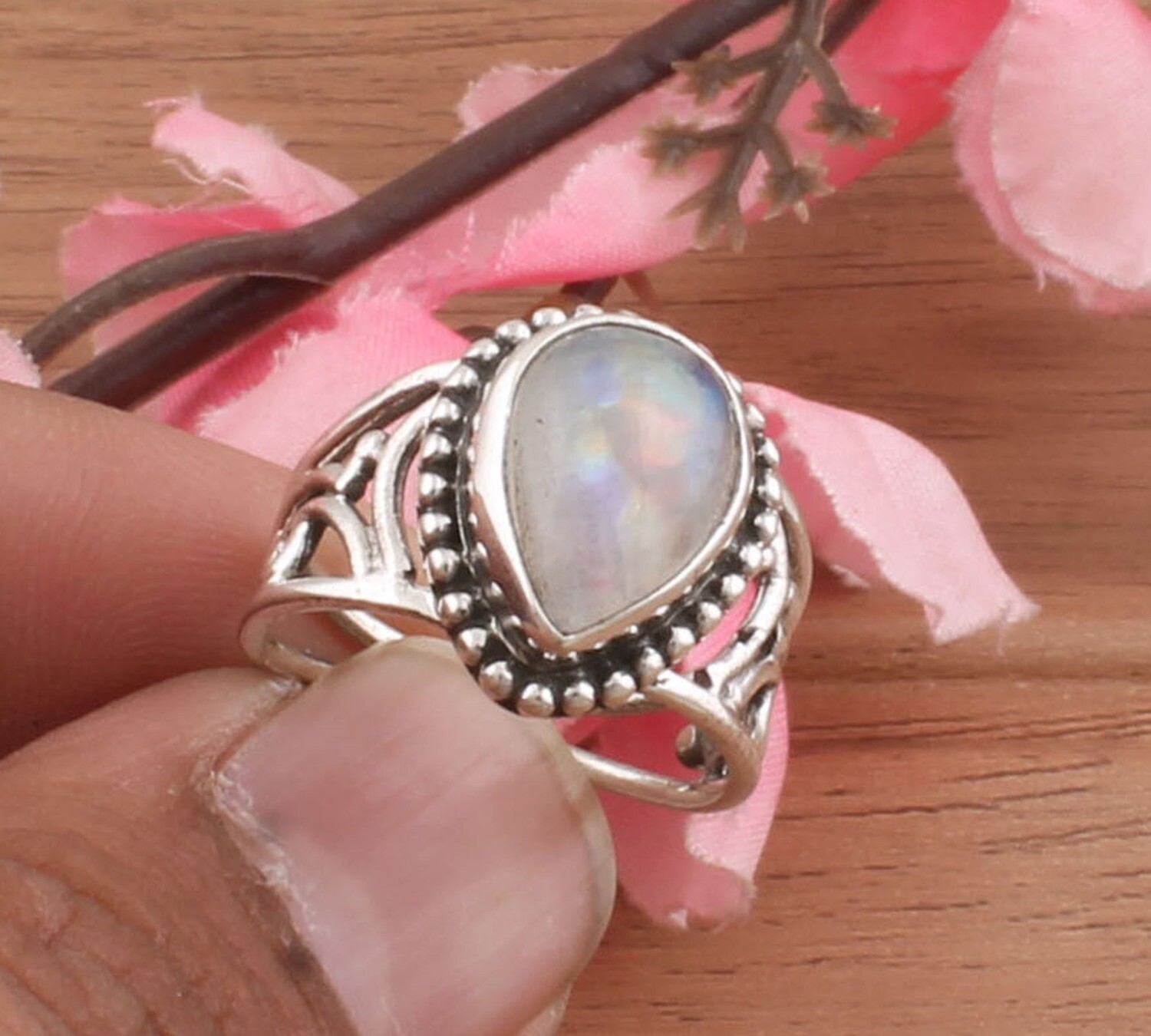 Beautiful Natural Rainbow Moonstone Pair Gemstone Solid 925 Sterling Silver Ring For Women - Handmade Silver Designer Ring / For Wedding Anniversary Gifts Her- Moonstone Stone Ring