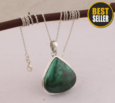 Malachite Top Quality Gemstone Necklace, Solid Sterling Silver, Green Pear Stone, Natural Gems Pendant, Handcrafted Necklace, Boho Jewelry