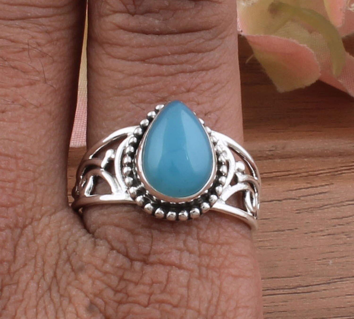 Natural Blue Calci AAA+Quality Pair Gemstone Solid 925 Sterling Silver Ring For Girls - Handmade Silver Designer Ring / For Wedding Anniversary Gifts Idea