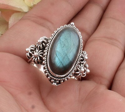 Amazing Flower Designer Natural Labradorite Gemstone Ring | 925 Sterling Silver Oval Stone Designer Handmade Jewelry | Women Wedding Jewelry | Gift Idea