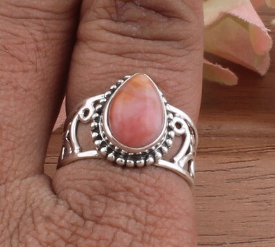 Amazing Natural Pink Opal AAA+Quality Pair Gemstone Solid 925 Sterling Silver Ring For Girls - Handmade Silver Designer Ring / For Anniversary Gifts Idea