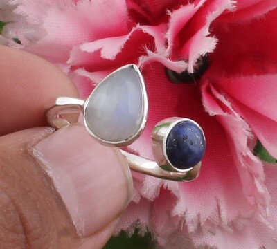 Beautiful Natural Rainbow Moonstone &amp; Lapis Adjustable Silver Ring | 925 Sterling Silver Pair Shape Ring - Handmade Two Gemstone Ring - March Birthstone Gift Women Jewelry