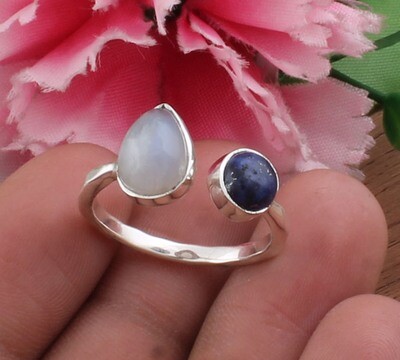 Beautiful Natural Rainbow Moonstone &amp; Lapis Adjustable Silver Ring | 925 Sterling Silver Pair Shape Ring - Handmade Two Gemstone Ring - March Birthstone Gift Women Jewelry