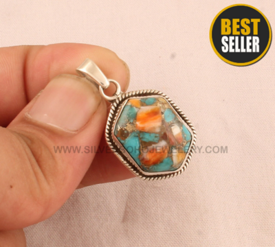925 Sterling Silver Pendant - Oyster Copper Turquoise Hexagon Shape Stone Pendant For Her - Designer Silver Pendant Pendant For Women Gift