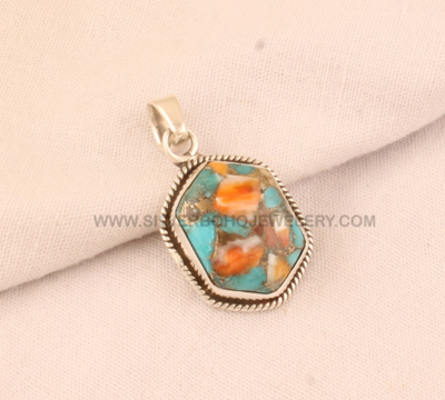 925 Sterling Silver Pendant - Oyster Copper Turquoise Hexagon Shape Stone Pendant For Her - Designer Silver Pendant Pendant For Women Gift