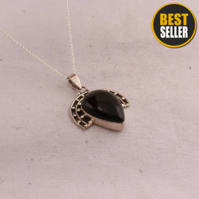 Black Onyx Necklace-Teardrop Necklace-925 Sterling Solid Silver Necklace- Black Pear Stone Boho Necklace Black Onyx Gemstone Necklace Mother