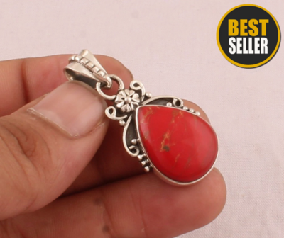 Red Copper Turquoise Pear Gemstone Silver Pendant - 925 Sterling Solid Silver Pendant - Designer Flower Pendant - Wedding Jewelry -Gift Idea