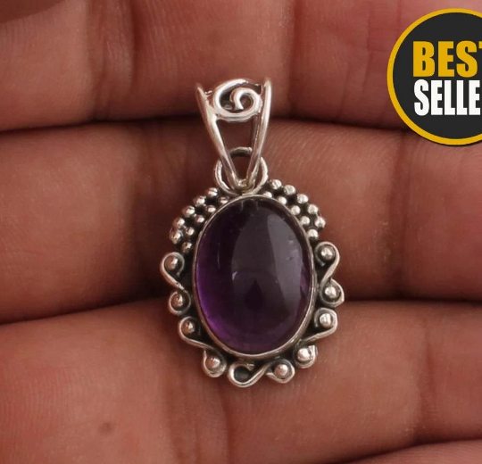 Natural Purple Amethyst Necklace, Sterling Silver Necklace For Women, Oval Handmade Gemstone Necklace, AAA+ Top Quality, Amethyst Jewelry