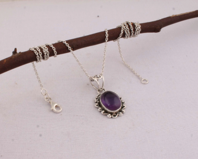 Natural Purple Amethyst Necklace, Sterling Silver Necklace For Women, Oval Handmade Gemstone Necklace, AAA+ Top Quality, Amethyst Jewelry