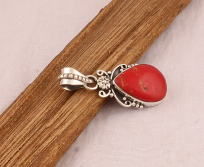 Red Copper Turquoise Pear Gemstone Silver Pendant - 925 Sterling Solid Silver Pendant - Designer Flower Pendant - Wedding Jewelry -Gift Idea