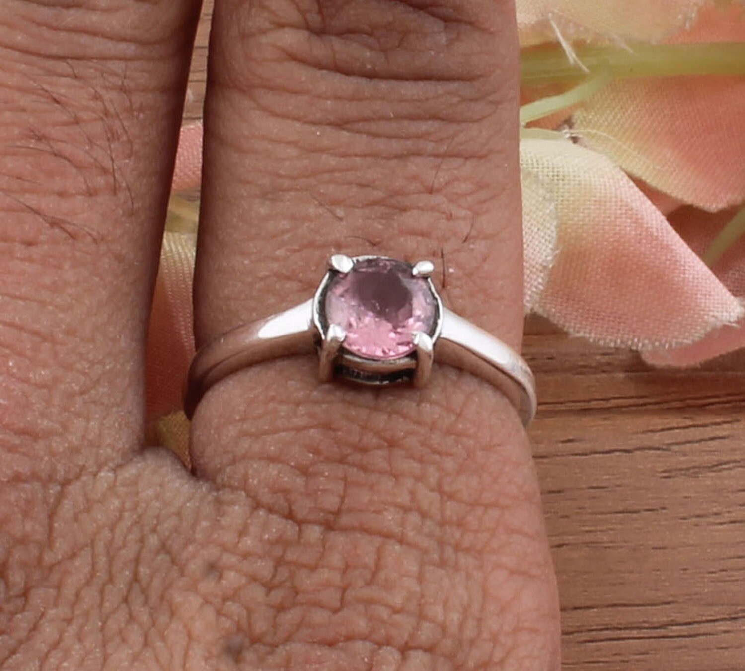 Amazing Prong Set Pink Cubic Zirconia Solid 925 Sterling Silver Ring For Wedding Ring, Handmade Bohemian Silver Round Cut Zircon Bridesmaid Ring For Gift Idea