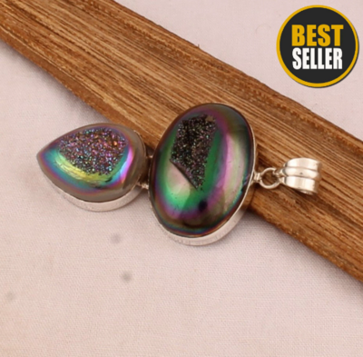 Titanium Window Druzy Silver Pendant - 925 Sterling Silver Pendant - Designer Double Rainbow Druzy Pendant - Wedding Jewelry - Gift For Her
