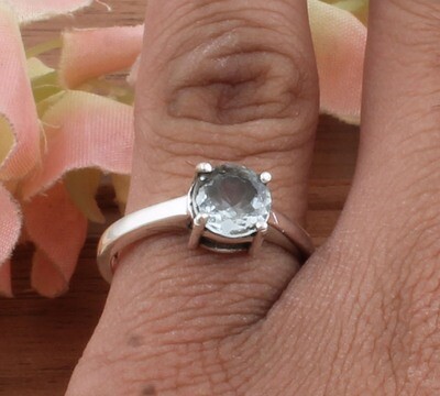 Amazing Prong Set Blue Topaz Solid 925 Sterling Silver Ring For Wedding - Simple Cut Stone Handmade Round Shape Ring - For Father &amp; Mother Gifts Him