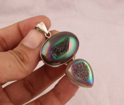 Titanium Window Druzy Silver Pendant - 925 Sterling Silver Pendant - Designer Double Rainbow Druzy Pendant - Wedding Jewelry - Gift For Her