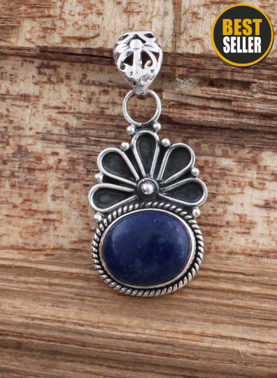 Natural Lapis Top Quality Gemstone Handicraft Pendant, Cabochon Oval Stone Boho Pendant, Sterling Silver Pendant
