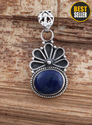 Natural Lapis Top Quality Gemstone Handicraft Pendant, Cabochon Oval Stone Boho Pendant, Sterling Silver Pendant