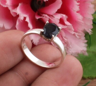 925 Sterling Solid Silver Prong Set Black Onyx Ring For Wedding - Simple Cut Stone Handmade Round Shape Ring - For Father & Mother Gifts Him