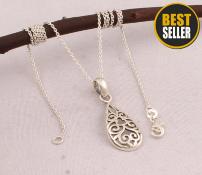 Beautiful Chain Necklace, Sterling Silver Plain Necklace, 925 Silver, Bridal Necklace, Star Antique Pendant, Silver Jewelry