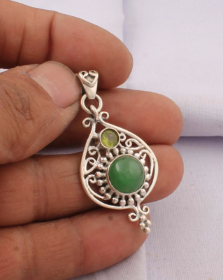 Real Green Jade+Peridot Gemstone Pendant Cabochon & Cut Stone's Boho Pendant 925-Antique Silver Pendant,Wedding Pendant,Gift Item Pendant