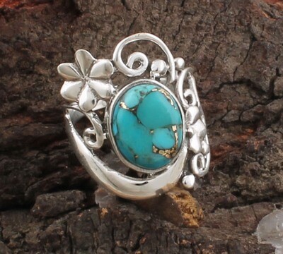 Amazing Flower Blue Copper Turquoise Oval Gemstone Solid 925 Sterling Silver Ring For Girls- Handmade Silver Designer Ring / For Wedding Anniversary Gifts Her Amazing Flower Blue Copper Turquoise Oval Gemstone Solid 925 Sterling Silver Ring For Girls- Handmade Silver Designer Ring / For Wedding Anniversary Gifts Her