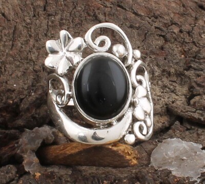 Beautiful Natural Black Onyx Gemstone Ring,925 Sterling Silver Ring,Top Quality Oval Cabochon Flower Ring, Valentine's Day Gift For Girls