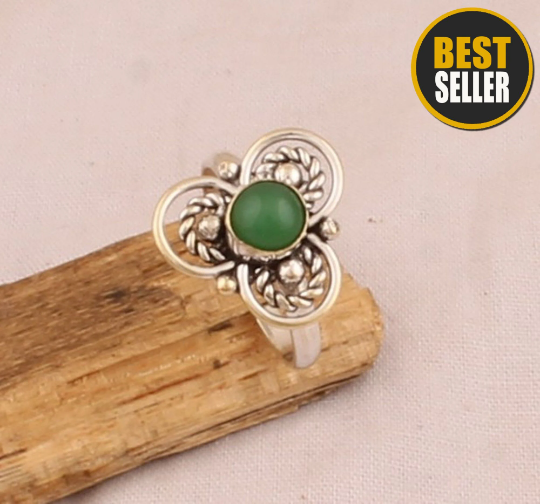 Green Onyx Flower Silver Ring - 925 Sterling Solid Silver Ring - Handmade Round Shape Gemstone Ring - Engagement Ring - Gift For Her