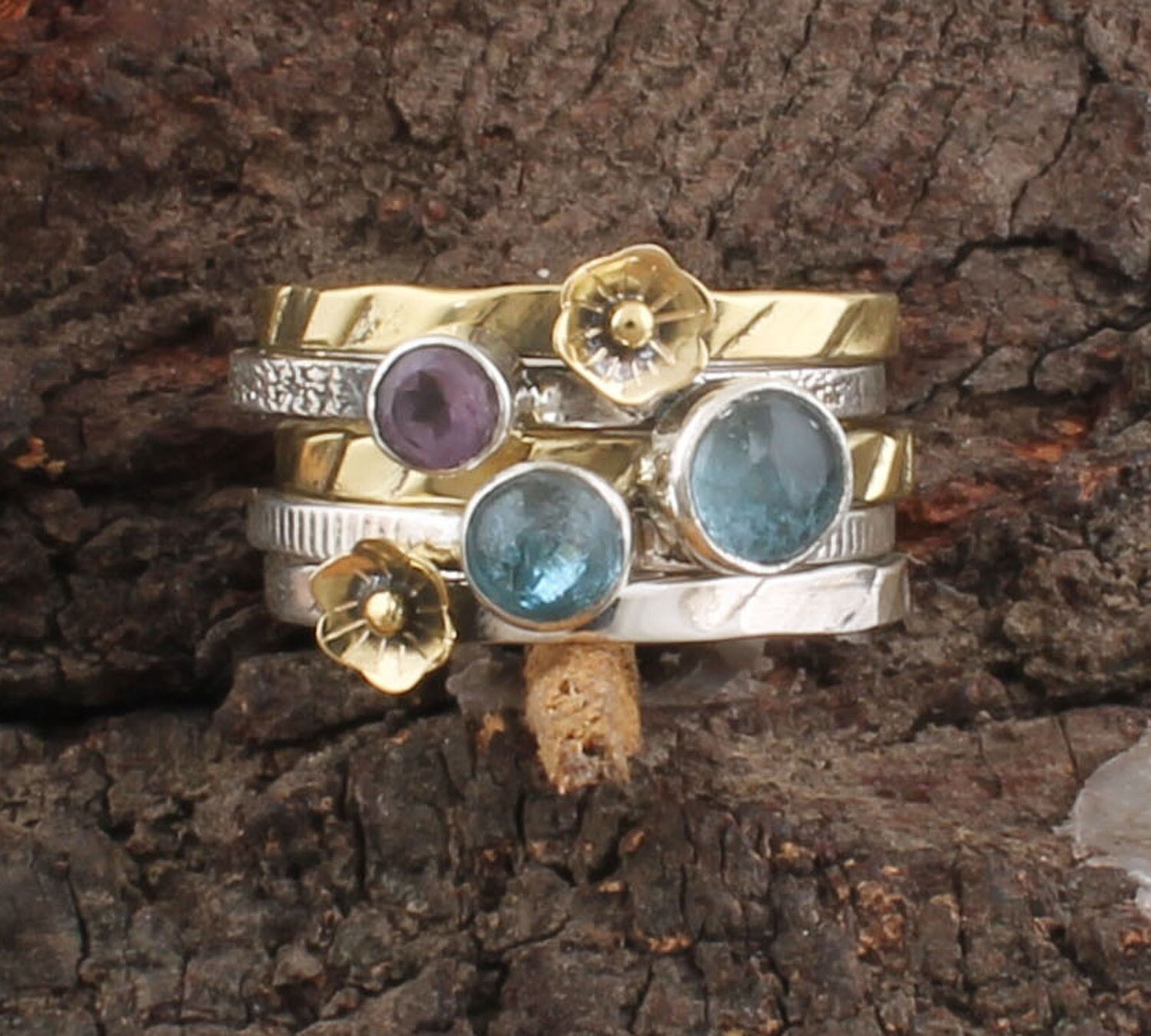 Amazing Natural Aquamarine &amp; Amethyst Gemstone Ring,Handicraft Ring,925 Antique Silver Round Shape Ring Two Tone Ring,Spinner Ring,Meditishion Ring Gift For Her