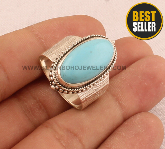 Turquoise Oval Gemstone 925 Sterling Solid Silver Ring For Women - Handmade Turquoise Textured Band Ring For Wedding -Ring For Him Gift Idea