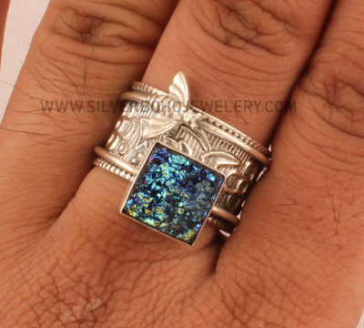 Titanium Druzy Solid 925 Sterling Silver Honey Bee Spinner Ring For Women - Meditation Thumb Ring - Handmade Blue Druzy Ring For Women Gift