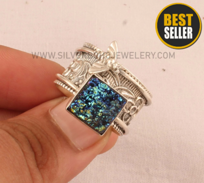 Titanium Druzy Solid 925 Sterling Silver Honey Bee Spinner Ring For Women - Meditation Thumb Ring - Handmade Blue Druzy Ring For Women Gift