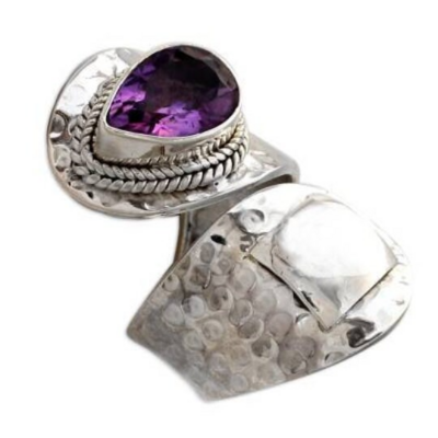 Natural Amethyst AAA+ Quality Gemstone Handcrafted Ring Cut Pear Stone Boho Ring, Antique Silver Ring, Middle Finger Ring