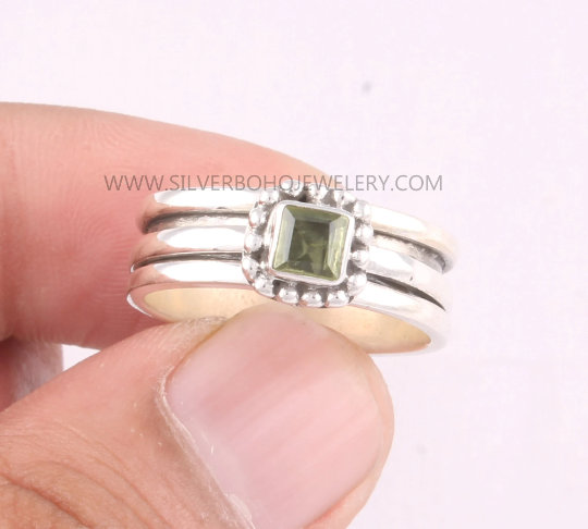Natural Peridot Solid 925 Sterling Silver Spinner Ring For Women - Handmade Square Cut Silver Band Ring - Worry Anxiety Meditation Ring Gift
