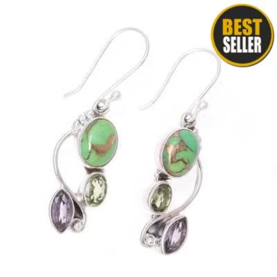 Green Copper Turquoise+Amethyst+Peridot Top Quality Gemstone Earring,Sterling Silver Earring,Combo Earring