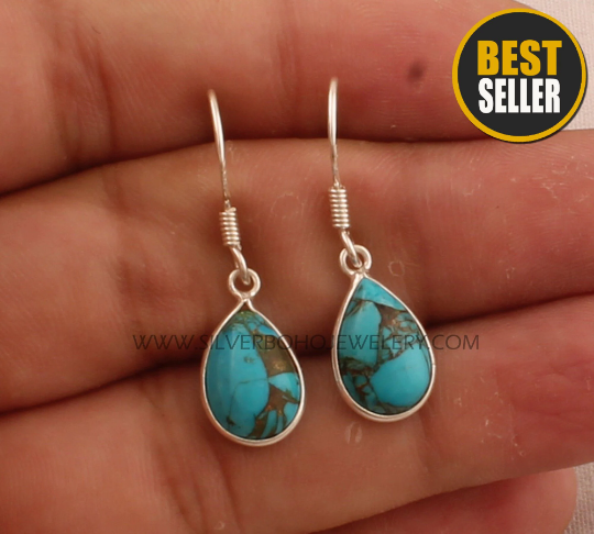 Blue Copper Turquoise Solid 925 Sterling Silver Earrings For Women Handmade Pear Bezel Set Silver Earrings For Wedding Anniversary Gift Idea