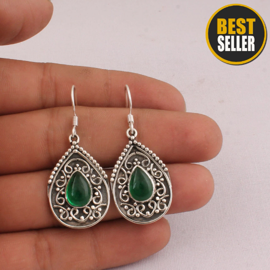 Green Jade Earring, 925 Sterling Solid Silver Earring, Cabochon Earring, Pear Earring, Gift Earring, Unique Gift For Her,BOHO SILVER