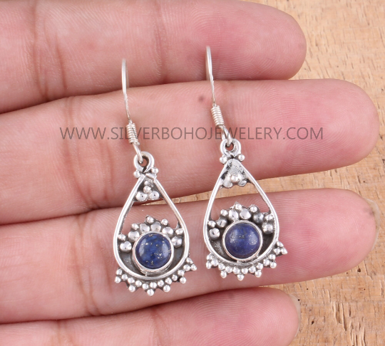 Natural Lapis AAA+Quality Gemstone Earring,925-Sterling Solid Silver Earring,Antique Silver Boho Earring