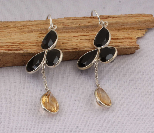 Combo Gemstone Earring Black Onyx+Citrine Gemstone's Earring Sterling Silver Earring Four Stone Earring One-Of-Kind Wedding Earring