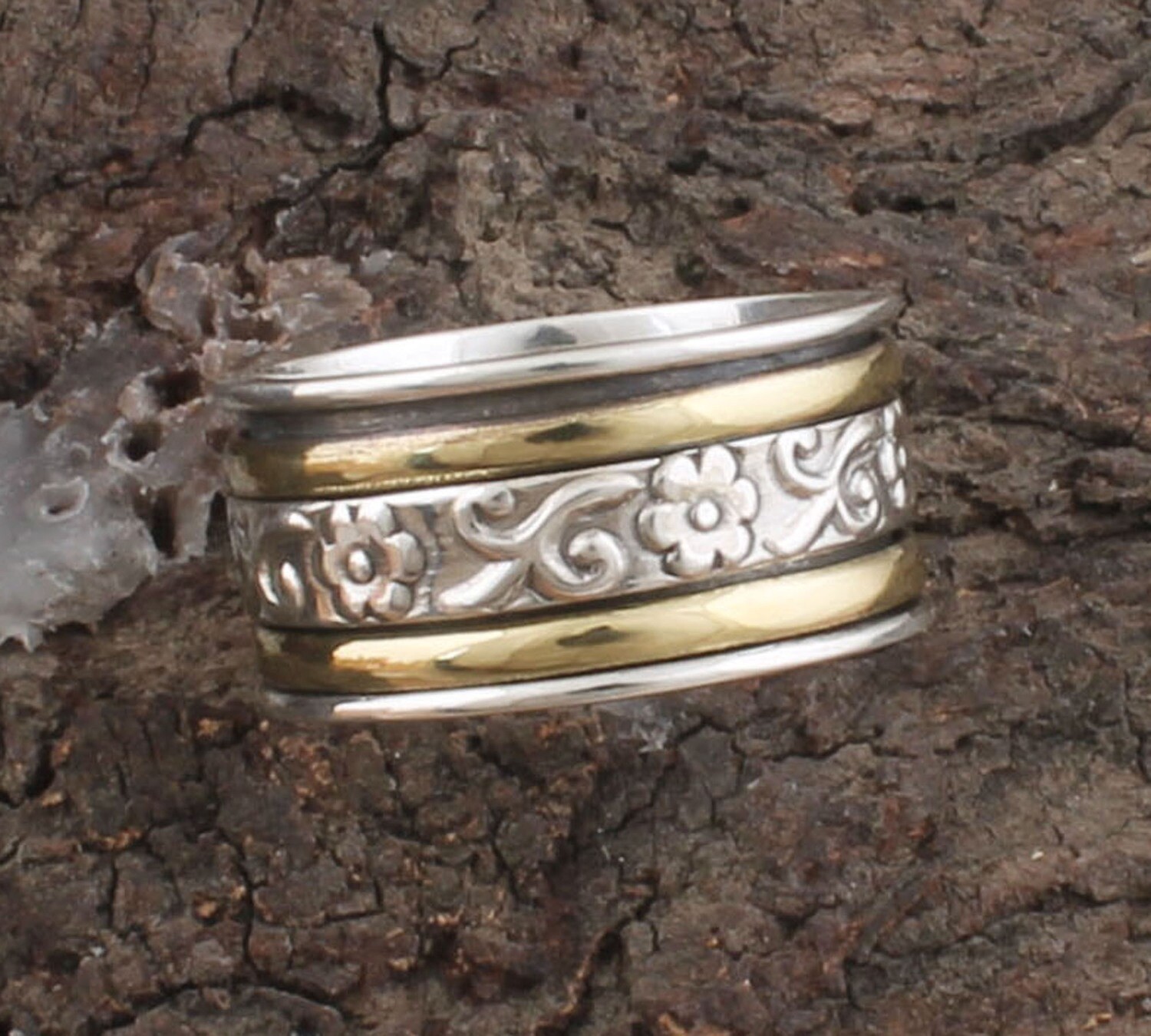 Solid 925 Sterling Silver Designer Two Tone Spinner Ring For Girls | Handmade Two Tone Meditation Band Ring For Women | Anxiety Ring For Anniversary Gifts Him